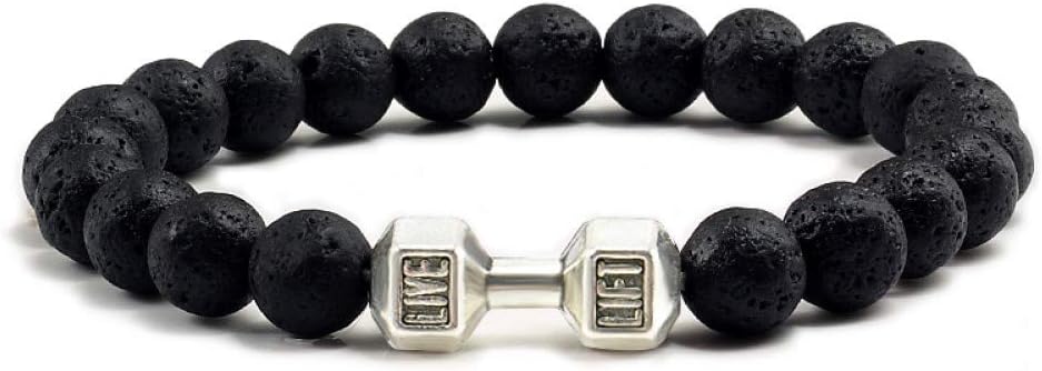 DUSHOULIANBracelet,Natural Black Volcanic Lava Stone Dumbbell Bracelet Black Matte Beads Bracelets for Women Men Fitness Barbell Jewelry