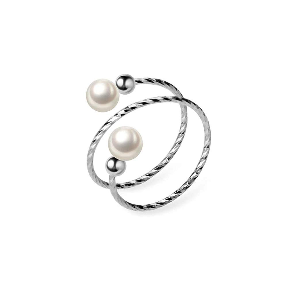 Elegant Pearl Wrap Statement Ring for Women Girls Sterling Silver 925 Adjustable Engagement Eternity Tail Finger Rings Expandable Band Dainty Jewelry Birthday Gifts BFF