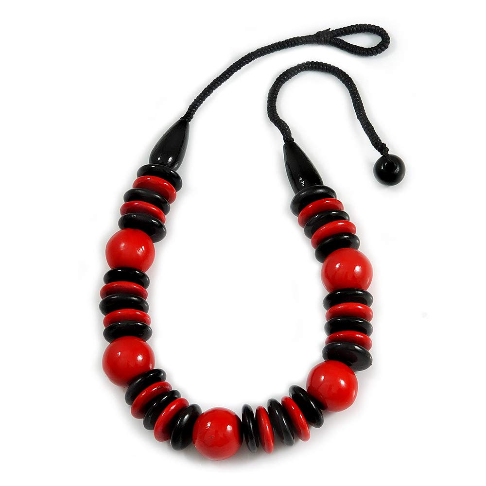 Avalaya Chunky Red/Black Round and Button Wood Bead Cotton Cord Necklace - 66cm Long