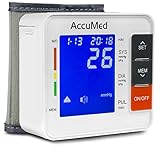 AccuMed ABP801 Portable Wrist Blood Pressure Monitor with One-Touch Intelligent Automatic Measurement (White) - 4-in-1 Functionality for Systolic / Diastolic BP, Heart Rate (BPM), Hypertension Guide (WHO Classification Indicator), & Arrhythmia Alerts - Includes Voiced Audio / Silent Mode, High-Contrast LCD Display, Built-in Storage Memory, Clamshell Carrying Case, USA Warranty, and More *FDA Approved with Clinically Proven, Professional Accuracy for Home Medical Use