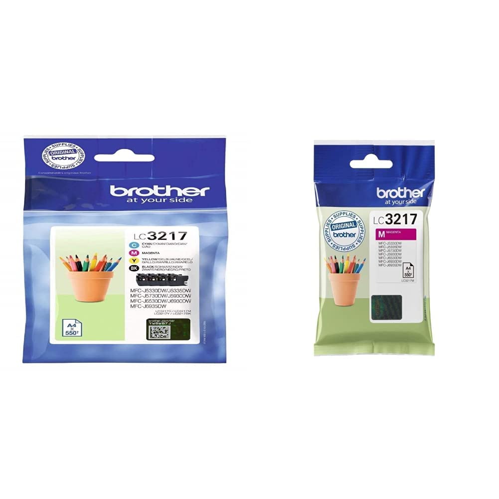 Brother LC-3217BK/LC-3217C/LC-3217M/LC-3217Y Inkjet Cartridges, Black/Cyan/Magenta/Yellow, 4 x Inkjet Cartridges & LC-3217M Inkjet Cartridge, Magenta, Single Pack, Standard Yield, 1 x Inkjet Cartridge