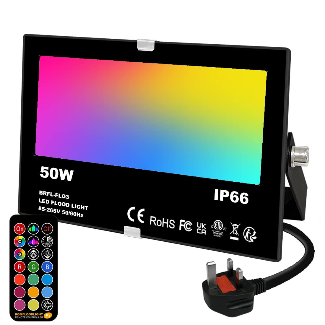 Mobri 50W LED Floodlight Outdoor, Colour Changing Flood Lights with Remote Control, 12 RGB Colours, Timing, 4 Modes, IP66 Waterproof, UK 3-Plug, 1 Pack