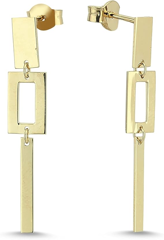 Rectangular Charm Dangle Drop Earrings in 14k Solid Gold for Women and