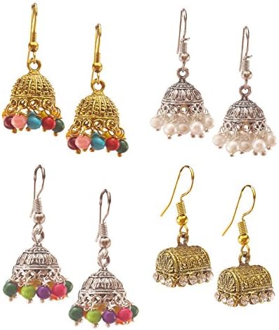 Valvet Store Traditional Gold Plated Jhumkis For Women and Oxidized Silver Jhumkas for Women Stylish Earrings Combo (Pack of 4)