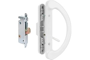 HILLMASTER Patio Door Handle Set with Mortise Lock 45° for Replacement Mortise Style Reversible Design Non-keyed Sliding Patio Glass Door Handles, Fits 3-15/16” Screw Hole Spacing White Finish