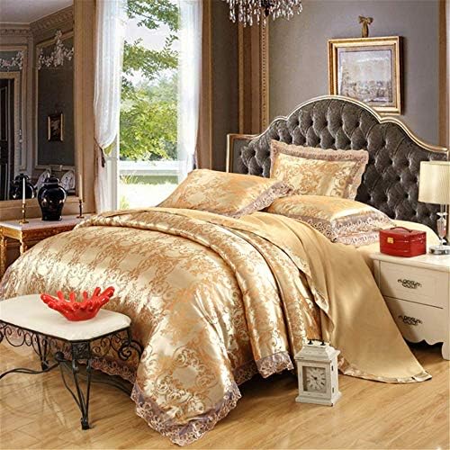 Cotton Luxury Embroidery Satin Silk Jacquard Bedding Sets Bed Sheet Queen King Size Duvet Cover Sets Gold 200x230cm
