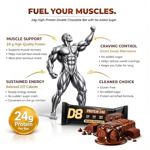 D8 Protein Bar Double Chocolate 24g Protein | No Added Sugar | High Protein Snack | Low Calorie, Gluten Free | Gym & Post Workout Energy Bar | 60g Each | Pack of 12
