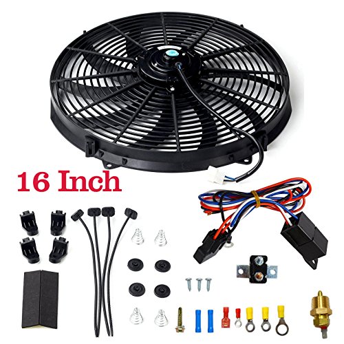 BLACKHORSE-RACING 16" 16 Inch Electric Radiator Fan High 3000 + CFM Thermostat Wiring Switch Relay Kit Black