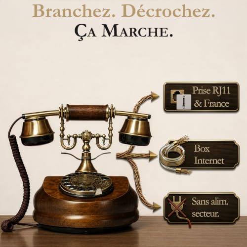 Opis Technology 1921 Cable Model A - Vintage Wooden Fixed Telephone, Wired Retro Telephone with Rotating Dial and Metal Bell (No Bluetooth)