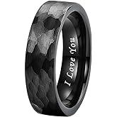 TUTISS 6mm 8mm Silver/Black/Gunmetal/Gold/Rose Gold Hammered Tungsten Rings for Men Women Couple Fashion Jewelry Engagement Wedding Bands Matte Finish Comfort Fit