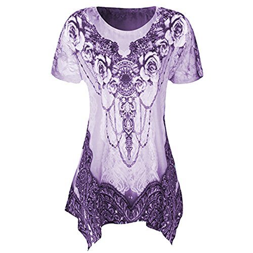Plus Size Womens Clothing Respctful✿ Casual Short Sleeve T Shirt Boho Floral Print Top Ladies Casual Hem Blouse Purple - Thumbnail 6