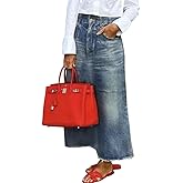 oshoplive Women's Denim Skirts Stretch High Waist A Line Flare Jean Skirt Frayed Raw Hem Split Maxi Skirts with Pockets