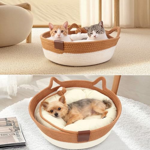 Zocipro Cotton Rope Cat Bed with Cushion, 46 x 46 x 16 cm, Large Round Washable Bed with Ball Toy in Cotton Rope
