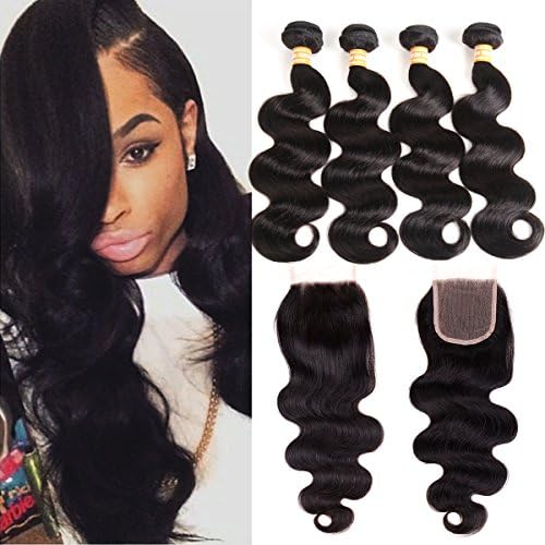 VTAOZI Brazilian Body Wave Bundles With Closure Natural Color Weave 100% Unprocessed Virgin Human Hair Bundles With Closure 4 Bundles Body Wave With Lace Closure (14 16 18 20 &amp; 12 Free Part)