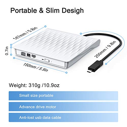 External CD DVD Drive, DUSASA USB 3.0 USB C Dual Port Slim Portable External CD DVD Rewriter Burner Writer,High Speed Data Transfer USB Optical Drives for Laptop/Macbook/Desktop/Win10/8/7 (White) - Thumbnail 4