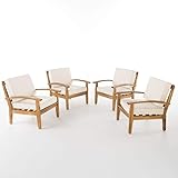 Christopher Knight Home Peyton Outdoor Wooden Club Chairs with Cushions, 4-Pcs Set, Teak Finish / Beige