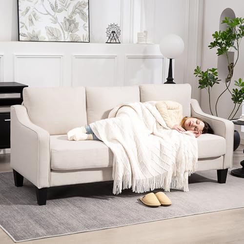 HOMCOM 3 Seater Sofa, Modern Couch with Pocket Spring, Linen Upholstered Sofa with Thick Padded for Living Room, Home Office, Beige