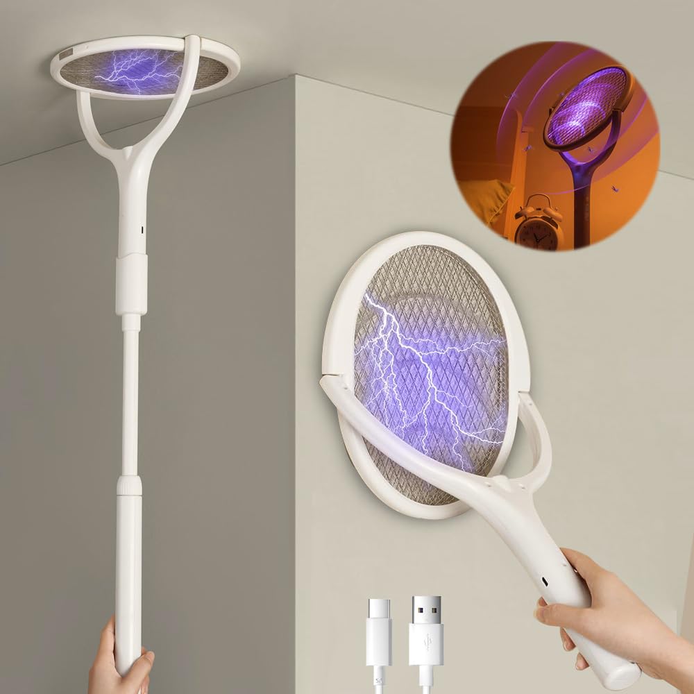 XPJBKC Fly Swatter Electric Zapper, Electric Fly Swat with Rotating Head, Rechargeable fly Tennis Racket Zapper, with Telescopic Extension Wand (43-70 cm)