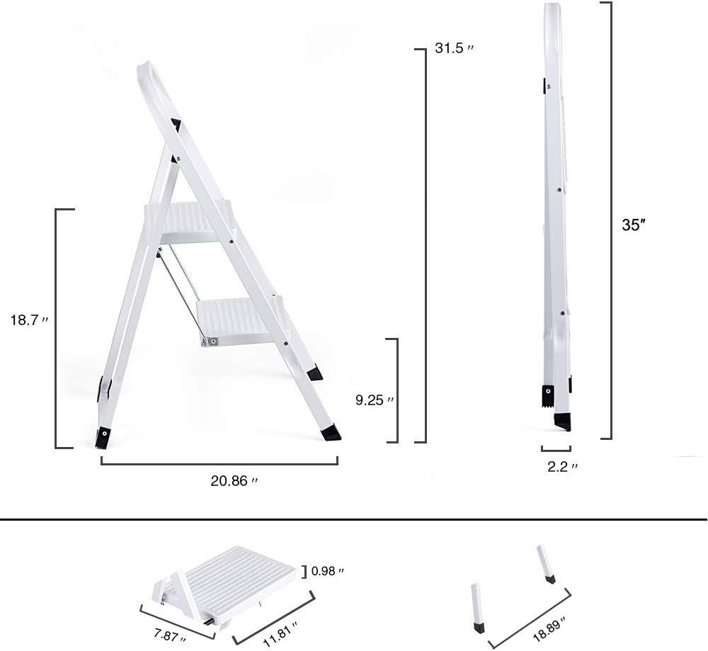 Delxo 2 Step Ladder Folding Step Stool Ladder with Handgrip Anti-Slip Sturdy and Wide Pedal Multi-Use for Household and Office Portable Step Stool Steel 300lbs White (2 feet): Kitchen & Dining