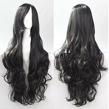 Womens Ladies Girls 80cm Black Color Long Curly Wigs Hair Carve Cosplay Costume Anime Party