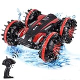 Flyglobal Waterproof RC Cars 4WD, Remote Control Car Boat Truck Vehicles 2.4Ghz Off Road Water and Land Double Sided Rotate, 360 Degree Spins and Flips Car Summer Toys for Kids Boys, Red
