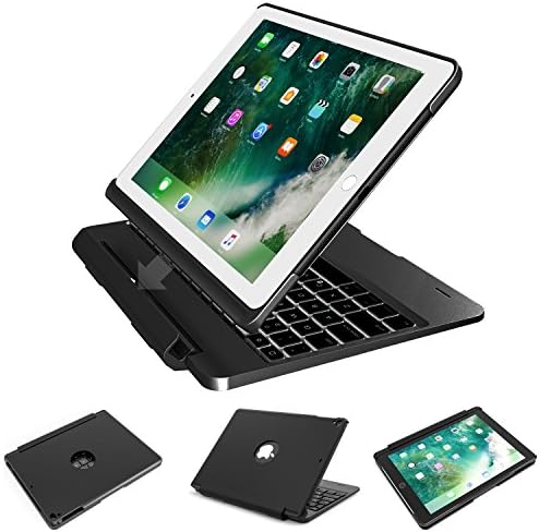 Seetop New ipad 9.7 2017 Wireless Bluetooth keyboard Case 7 colors LED Backlit Detachable Keyboard Case with Stand Ultra Slim Aluminum Metal Flip Cover For ipad pro 9.7 New iPad 2017 (Black)