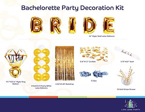 Bachelorette Party Decorations - Bridal Shower Supplies Kit, Elegant Bride Foil Balloons, Graceful Ring Foil Balloon, Bride to Be Sash, Balloon Clips and More!!!- by Life Long Party
