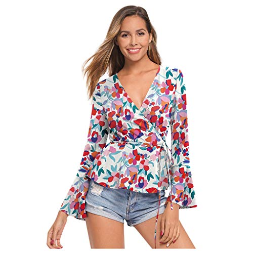 Moilant Women Floral Print T Shirt Deep V Neck Knot Shirts Long Sleeve Flare Sleeve Blouse Top Red