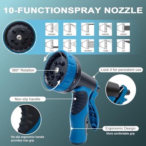 Garden Hose 50ft, Non-Expanding Water Hose Ultra Lightweight, Kink-Free Flexible Hose with 10-Pattern Nozzle, Durable & Abrasion Resistant Outdoor Hose for Yard, Lawn, Marine, RV, and Car Wash (50 FT)