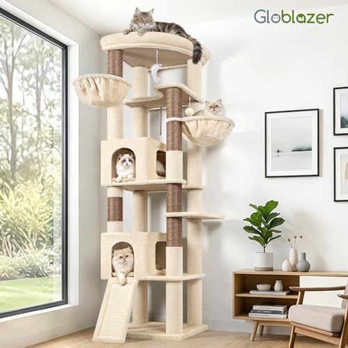 Globlazer Beige XXL Cat Tree Corner for Large Cats 204 cm with 2 Large Kennels 45 x 30 x 30 cm, Huge Platform, Sisal Board, Basket, Stable Cat Trees Indoor Rest Scratching Playing (C80, Beige)