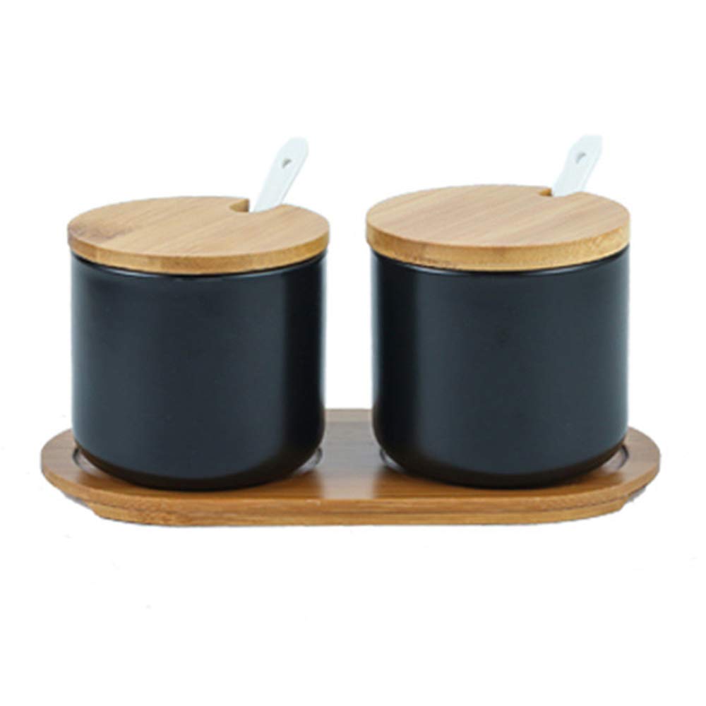 OnePine Set of 2 Sugar Bowl, 260ml Ceramic Spice Jar Salt Container with Lid and Spoon for Home and Kitchen