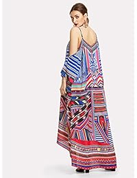 milumia Mujer Bohemio Impresión geométrica frío hombro cuello en V correa de espagueti suelto Maxi vestido