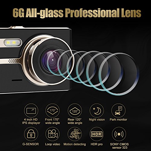 Dual Dash Cam, 4.0 HD IPS Screen, DONGKER FHD 1080P Front Cam + VGA Rear Cam, 290 Wide Angle Motion detector Dash Cam with Sony CMOS chip, HDR, G-Sensor, Parking Monitor, Night Vision