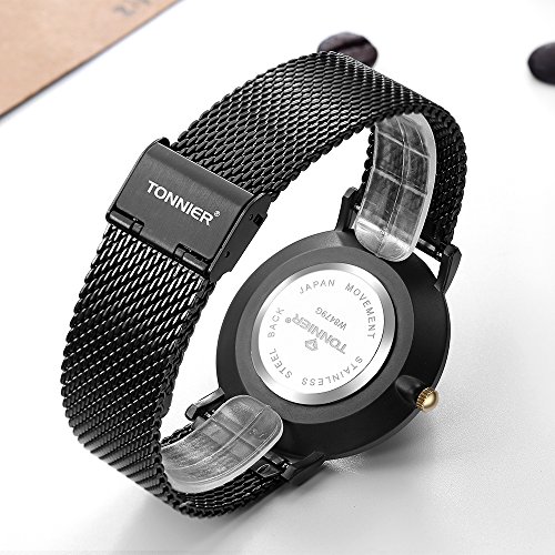Tonnier Black Slim Stainless Steel Mesh Strap Mens Watch Quartz Watch for Men Golden Hands