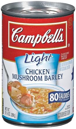 Campbell's soup chicken mushroom barley r&w condensed chicken stock, toasted barley, carrots, mushrooms, potatoes, cooked chi (051000174338)