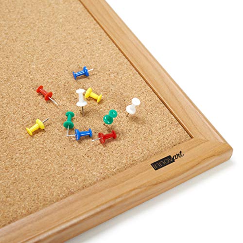 INNOVART Bulletin Board, Cork Board, 48 x 36 Inches, Oak Wood Finish Frame Corkboard with Push Pins
