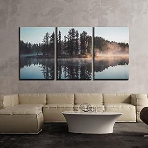 3 Piece Canvas Wall Art - Trees with Reflection on a Perfectly Smooth Lake - Modern Home Art Stretched and Framed Ready to Hang - 16"x24"x3 Panels
