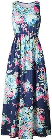 CYimejo Elegant Boho Floral Printed Sun O-Neck Pleated Maxi Beachwear Blue L