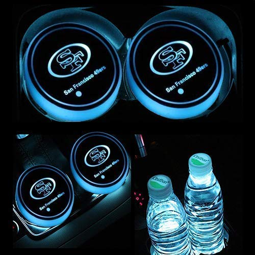 2pcs 49ers Logo LED Car Cup Holder Lights, 7 Colors Changing USB Charging Mat Luminescent Cup Pad, LED Interior Atmosphere Lamp for (49人San Francisco 49ers)