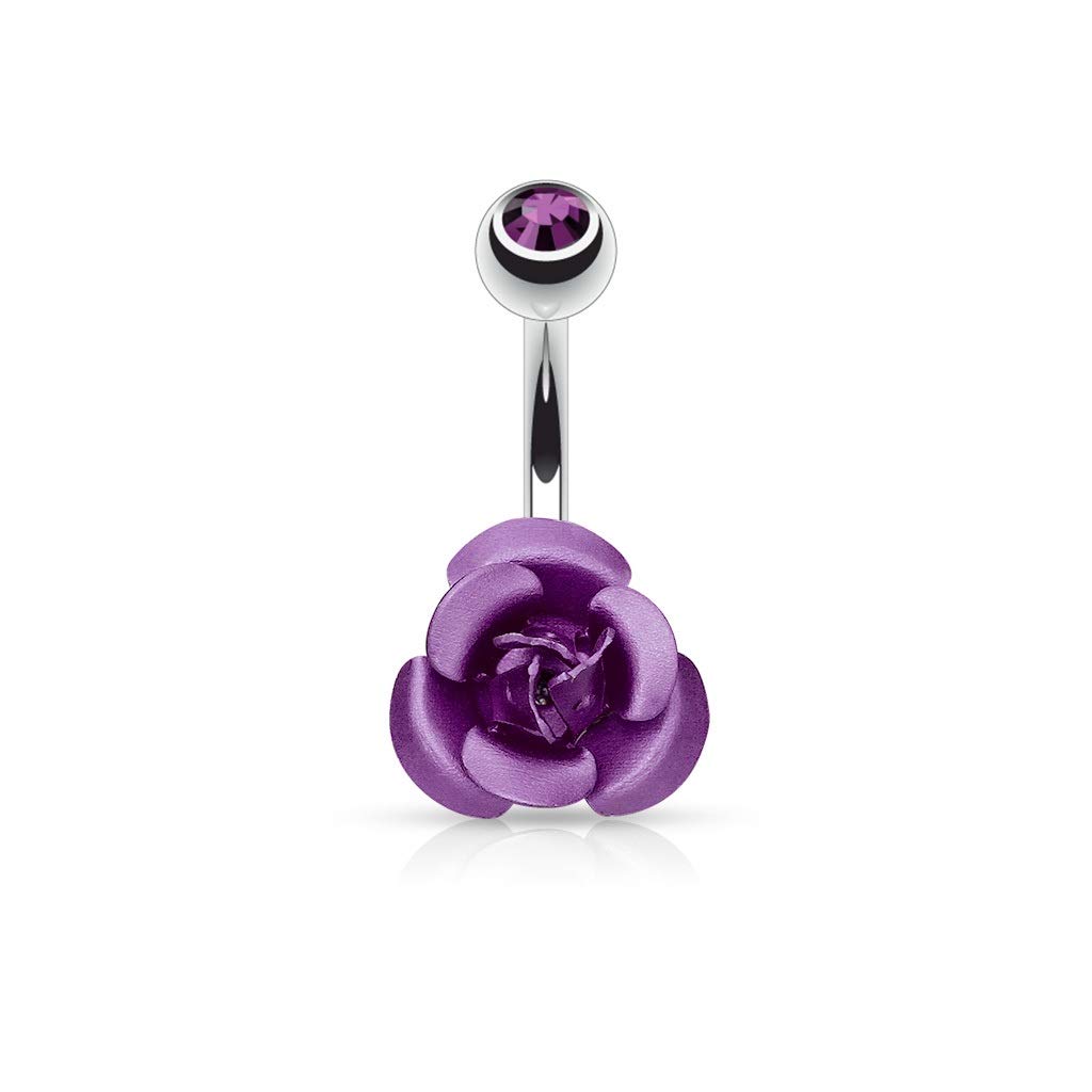 PiercedOff 316L Surgical Steel Belly Bar with Purple Metal Rose and Purple Gem Ball - Thickness 14GA (1.6mm) / Length 10mm / Top Ball 5mm and Rose Size is 10mm
