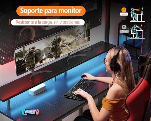 FL FASHION LEADER Escritorio Gamer, Escritorio para Computadora,Escritorio de Oficina en Casa, Escritorio para Viene con Regleta, Regleta de luz y Soporte para Monitor, 140cm Negro