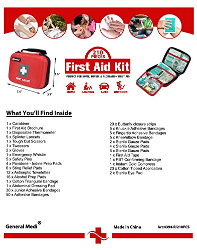 First Aid Kit - 210 Piece Professional for Medical Emergency - Includes Bandage, Emergency Blanket, Scissor for Home, Car, Camping, Hiking, Work, Boat