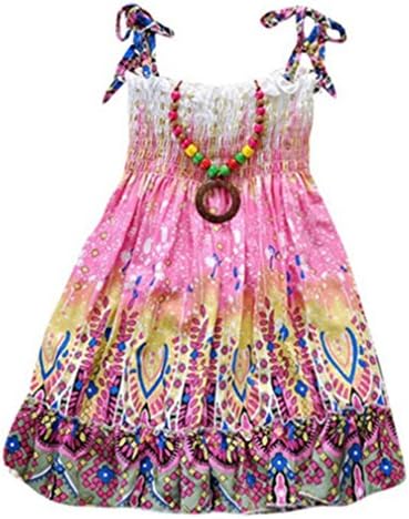 Girls Summer Bohemia Boho Dress Floral Mini Dress with Necklace