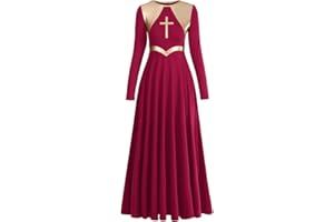 IMEKIS Women Metallic Cross Liturgical Praise Dance Dress Lyrical Dancewear Color Block Full Length Robe Worship Costume