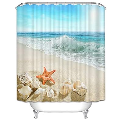 Beach Shower Curtain, Ocean Seascape Shell Shower Curtain, 72 x 72 Inches Set with 12 Hooks, Coastal Beach Themed… 51sO%2BVdOvNL