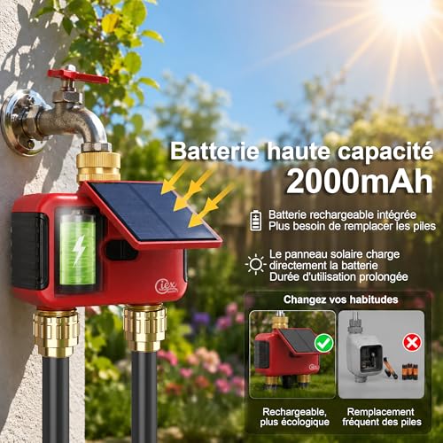 Programmateur d’arrosage WiFi 2 Zones, minuteur d’Eau Solaire Rechargeable à Double Sortie, raccords en Laiton, sans hub, app Smart Life, Compatible Alexa et Google Assistant
