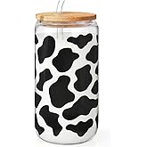 SANDJEST Cow Glass Can, Cow Prints Cup with Lid & Straw, Iced Coffee Aesthetic Cups, Idea Gift for Christmas Birthday Mother Day, Gifts for Women, 16oz