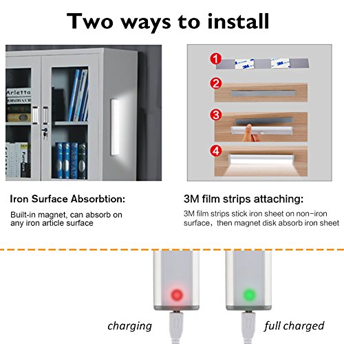 Wireless Motion Sensor Cabinet Lights 10-LED USB Rechargeable Closet Lights LED Under Cabinet Lighting for Wardrobe/Drawer/Stairs/Cupboard/Counter/Pantry/Stairs,Stick On Anywhere,2 Pack,White Light