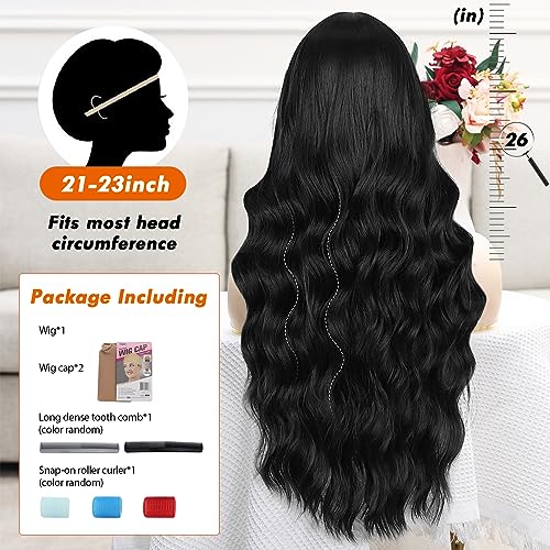 POPTAIYU Black Wigs with Bangs Long Wavy Wig for Women Curly Natural Black Wavy Hair Wigs Heat Resistant Synthetic Fiber Wigs for Daily Party Use 26 Inches (Black)