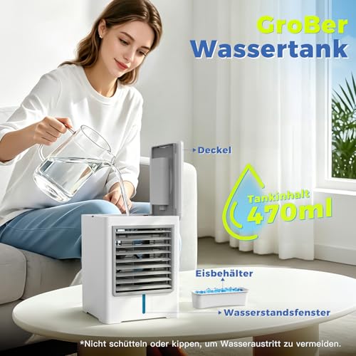 3 in 1 Mobile Air Conditioner, USB Small Silent Air Cooler with Water 470ml, 3 Speed, Timer, Touch Screen, No Drain, Portable Mini Fan for Bedroom, Office, Home